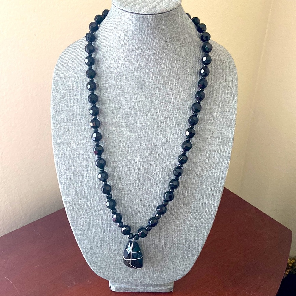 Vintage 80s Artisan Long Black Glass Emulet Necklace